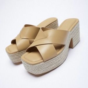 Zara Genuine Leather Slip On Mules Platform Jute Heel Wedge Sandals Shoes Nude